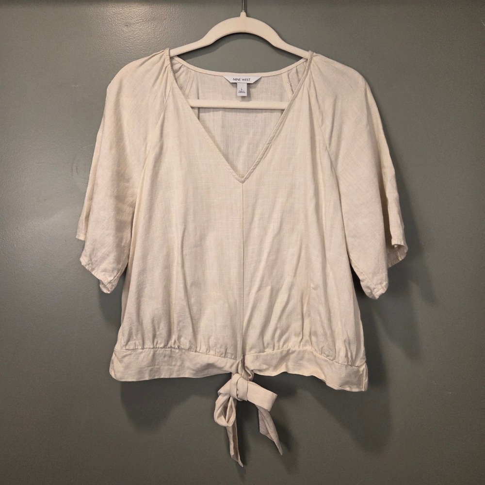 Nine West Women's Cream Linen Blend Half Sleeve Tie Front Blouse Size L Cropped
